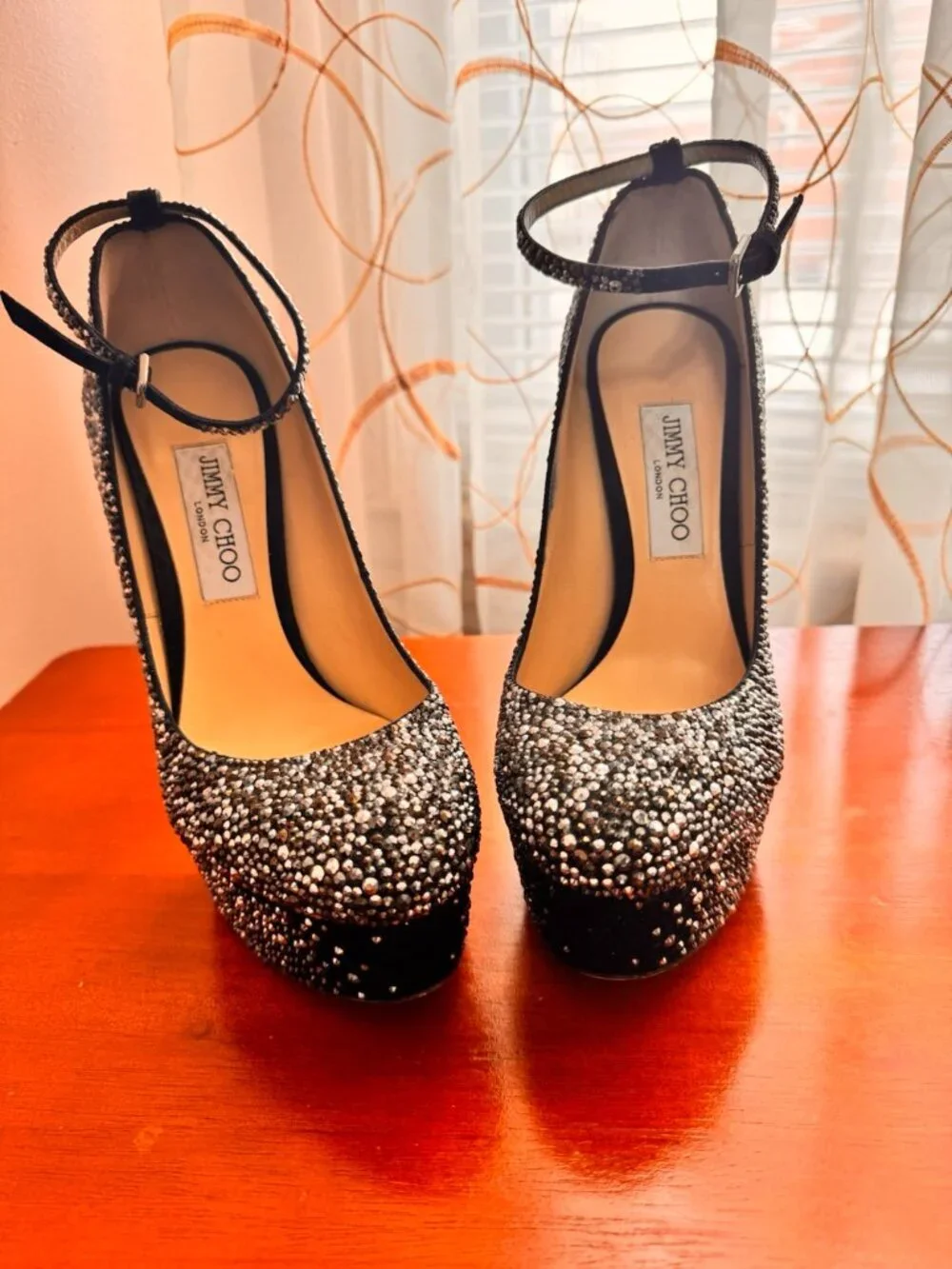 Jimmy Choo Black Silver Glitter Jeweled Ankle Strap Platform Stiletto Heels - Picture 2 of 4